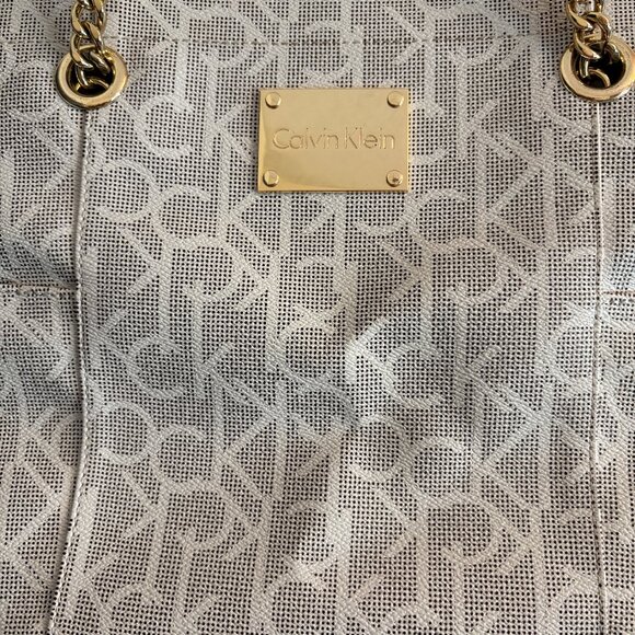 Calvin Klein CK Large Designer Purse Chain Tote White Tan Logo Monogram Hayden L - Picture 6 of 12